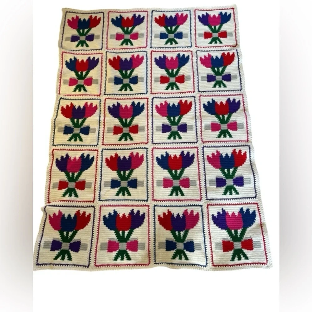 Hand~Knit Lap Afghan Throw White Bright Colors 71X51 New Tulips Floral Farmhouse
